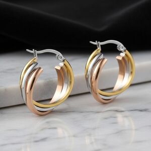 Tri-Color Overlapping Triple Hoops 18K Gold Plated Stainless Steel Earrings